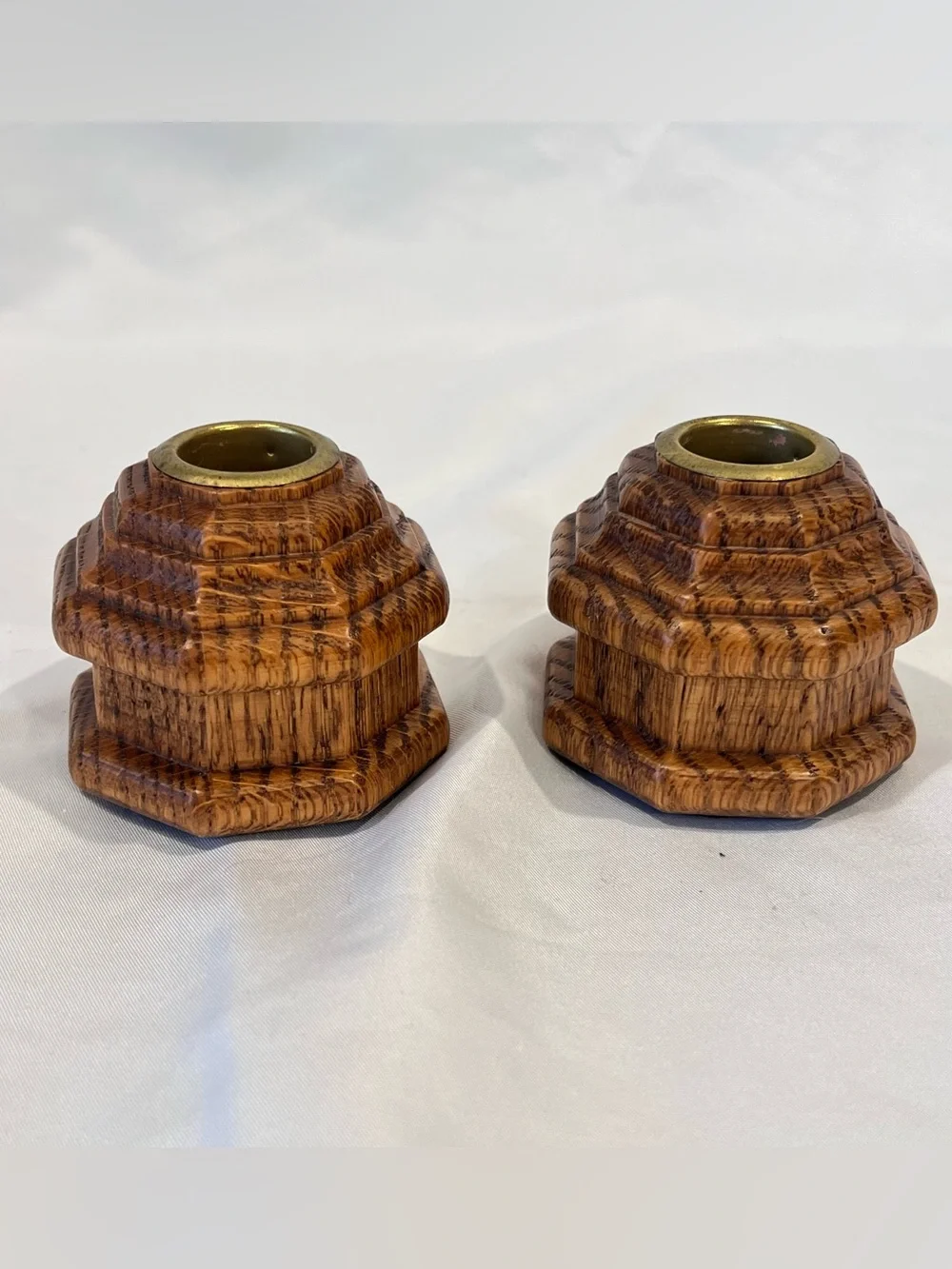 Vintage Carved Wooden Candle Holders Pair Brass Taper Candlesticks